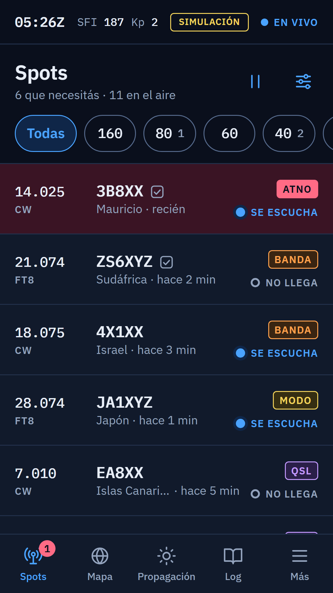 Lista de spots en vivo; cada uno dice si es una entidad nueva, una banda nueva o una QSL pendiente.