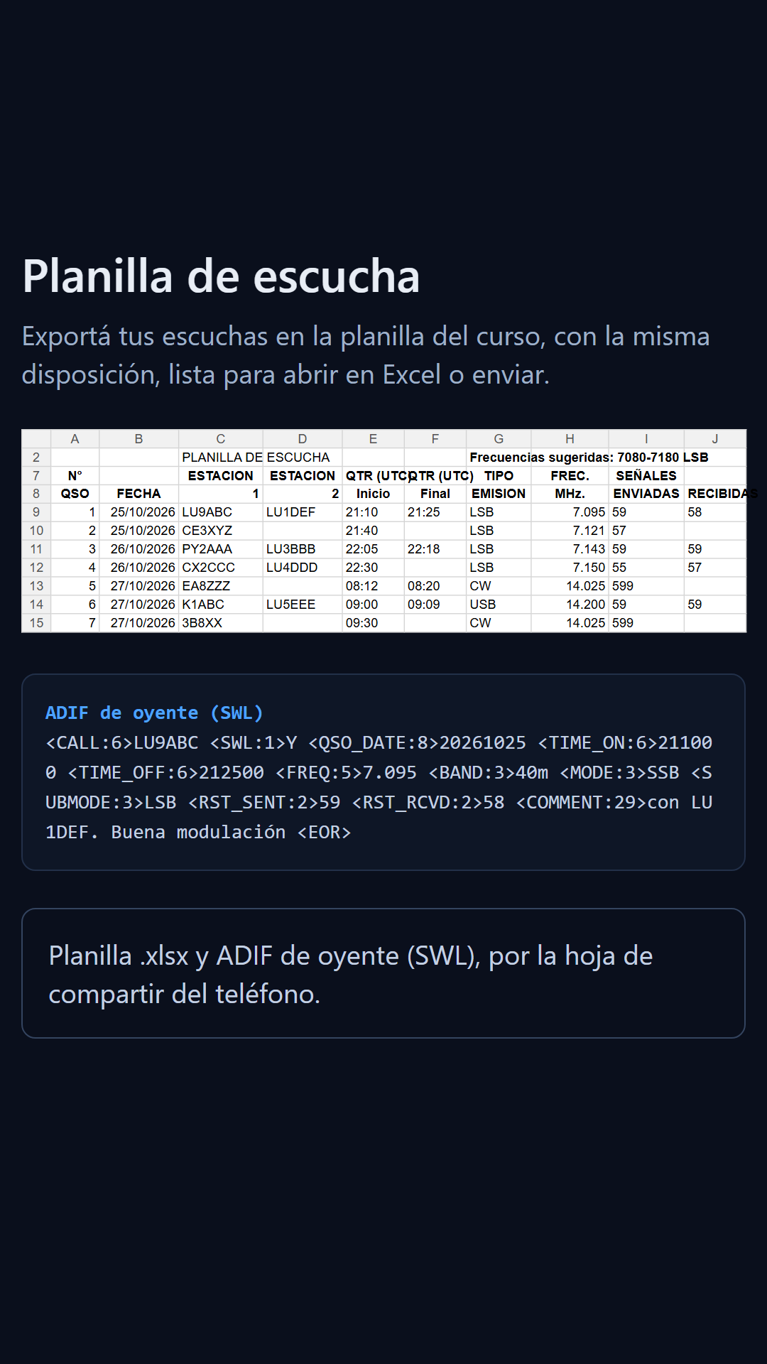 Planilla de escuchas lista para exportar a Excel con la disposición del curso.